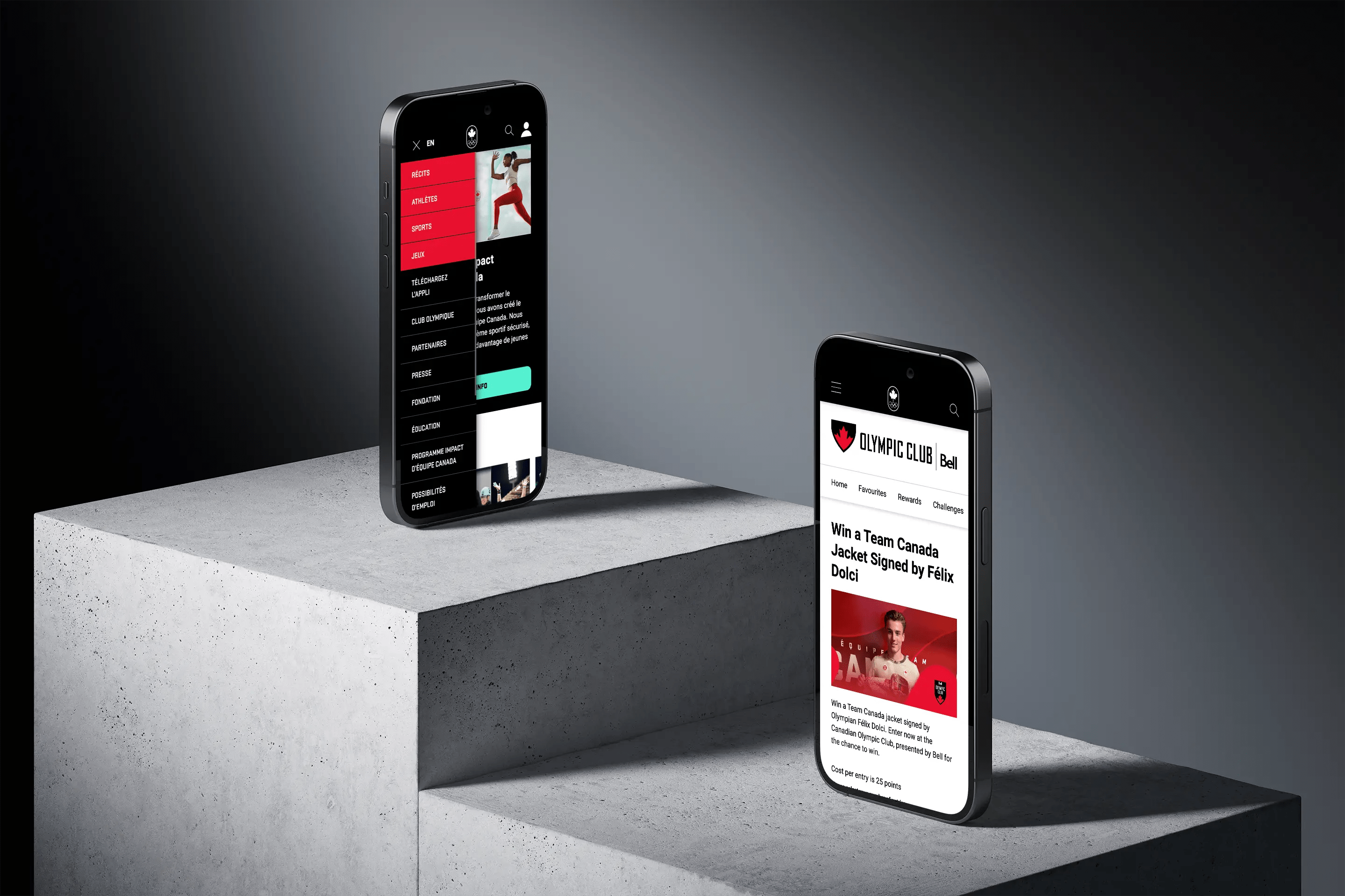 Two mobile phones displaying Olympic.ca: one with menu open in French, one showing a contest to win a signed jacket.