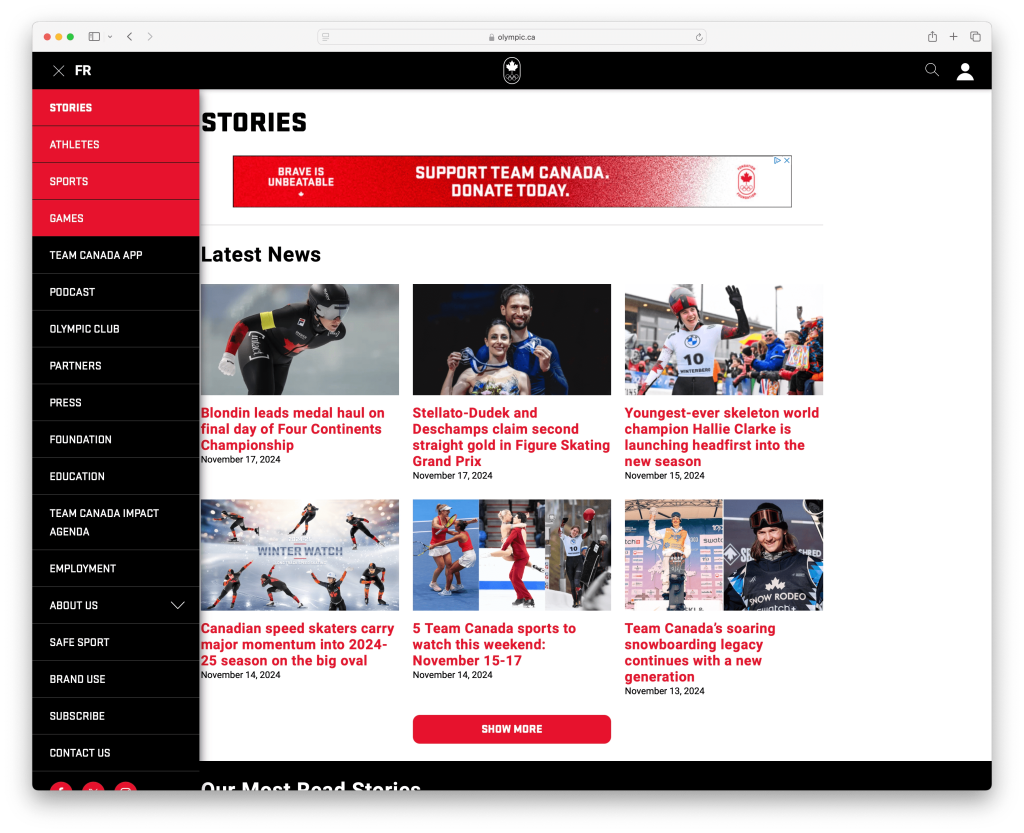 A full-page view of the “Stories” section on the Team Canada website, with a vertical navigation bar on the left and a headline banner promoting donations. News stories with athlete photos and red headlines appear in a grid layout.