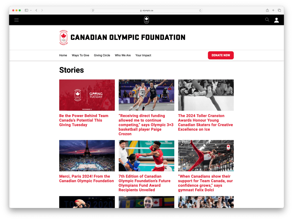 A desktop browser shows the Canadian Olympic Foundation's "Stories" page with a grid of story thumbnails and headlines, including highlights of Giving Tuesday, Olympic athletes’ experiences, and funding announcements.