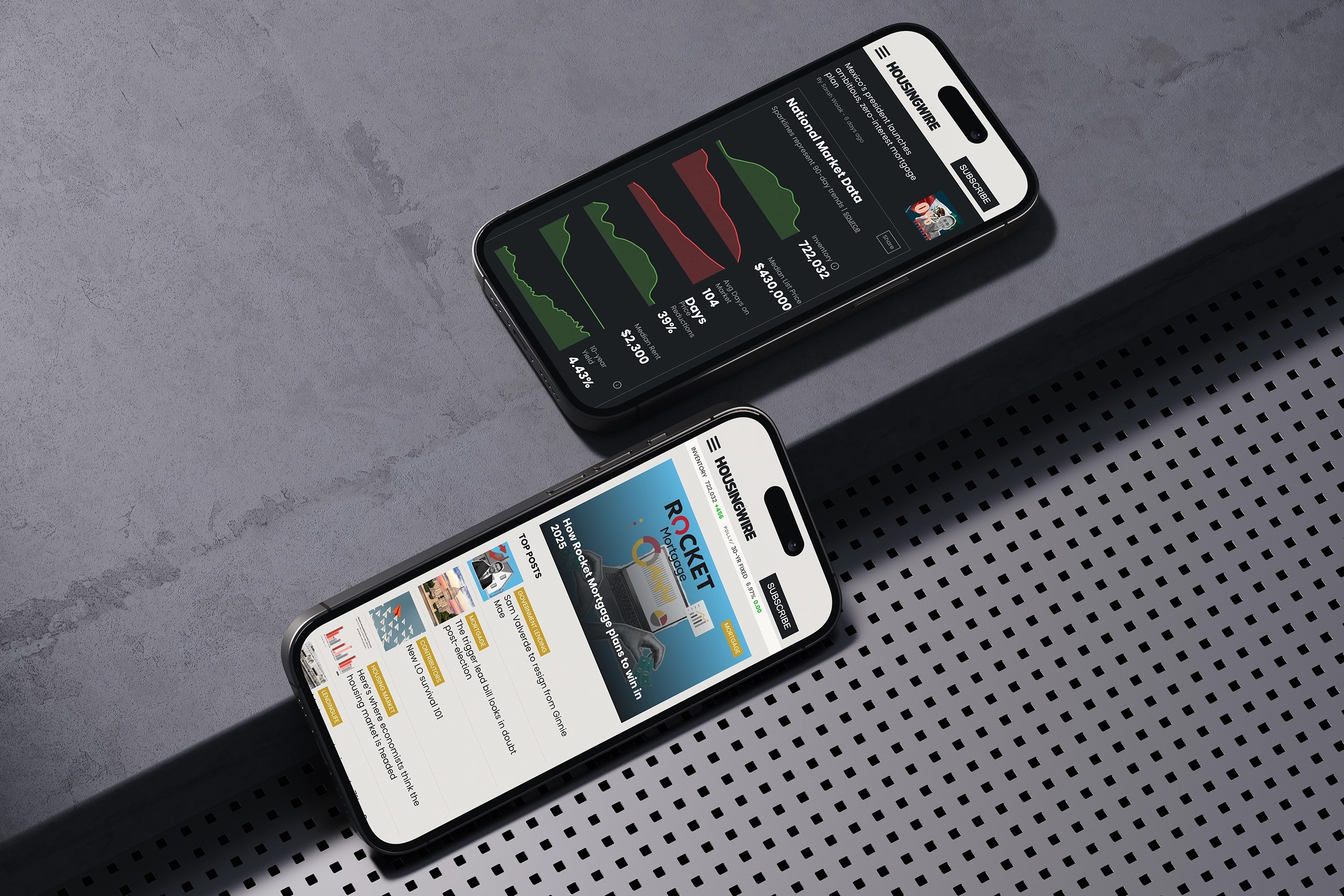 Two smartphones displaying different interfaces of the HousingWire platform. The top phone shows housing market data visualized with red and green trend graphs. The bottom phone displays a featured article with thumbnails and titles under a light interface.