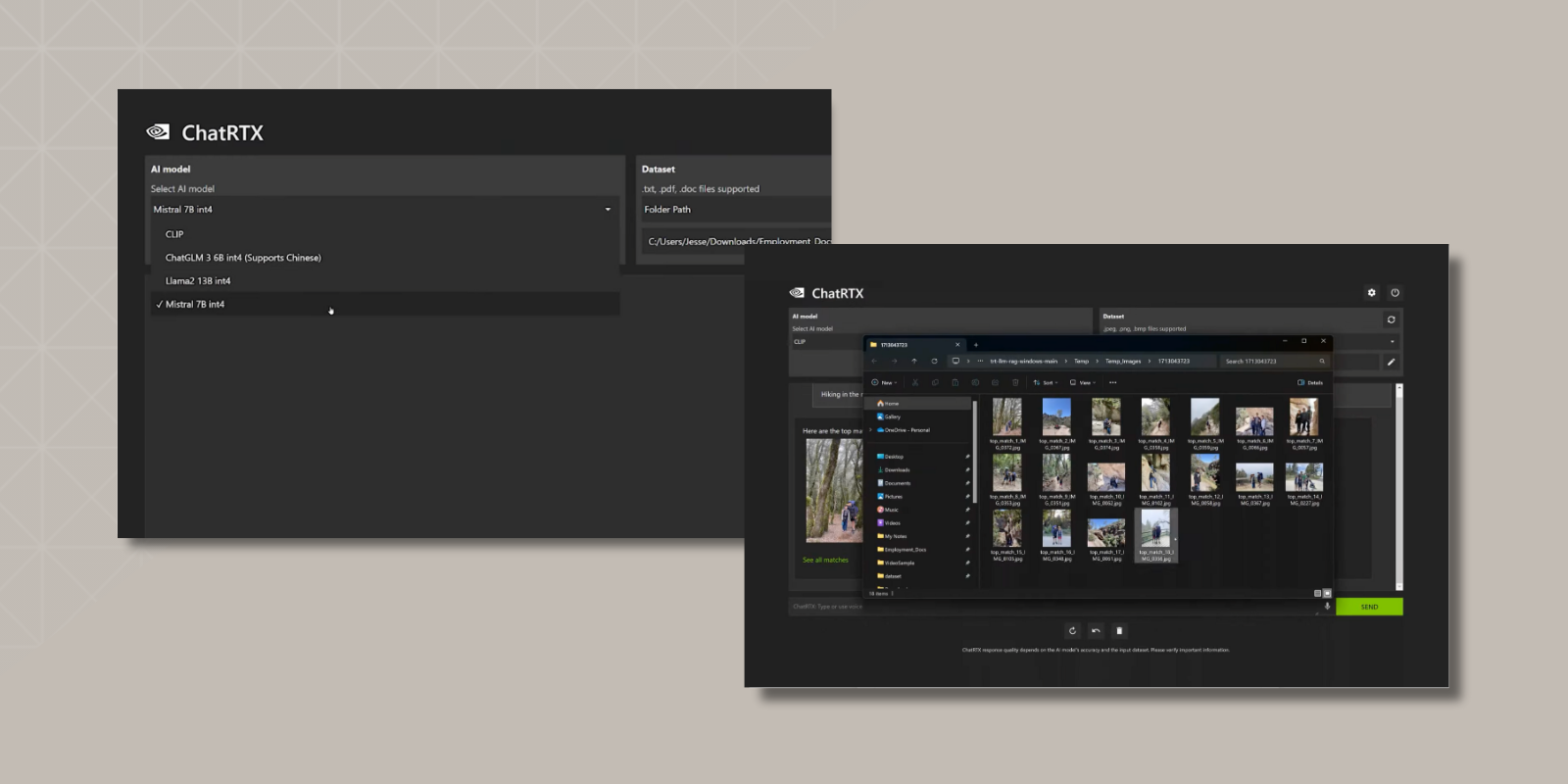 ChatRTX interface with dropdowns for selecting AI models like Mistral, CLIP, ChatGLM, and LLaMA, along with a folder path showing document selection, hinting at a locally run AI assistant.