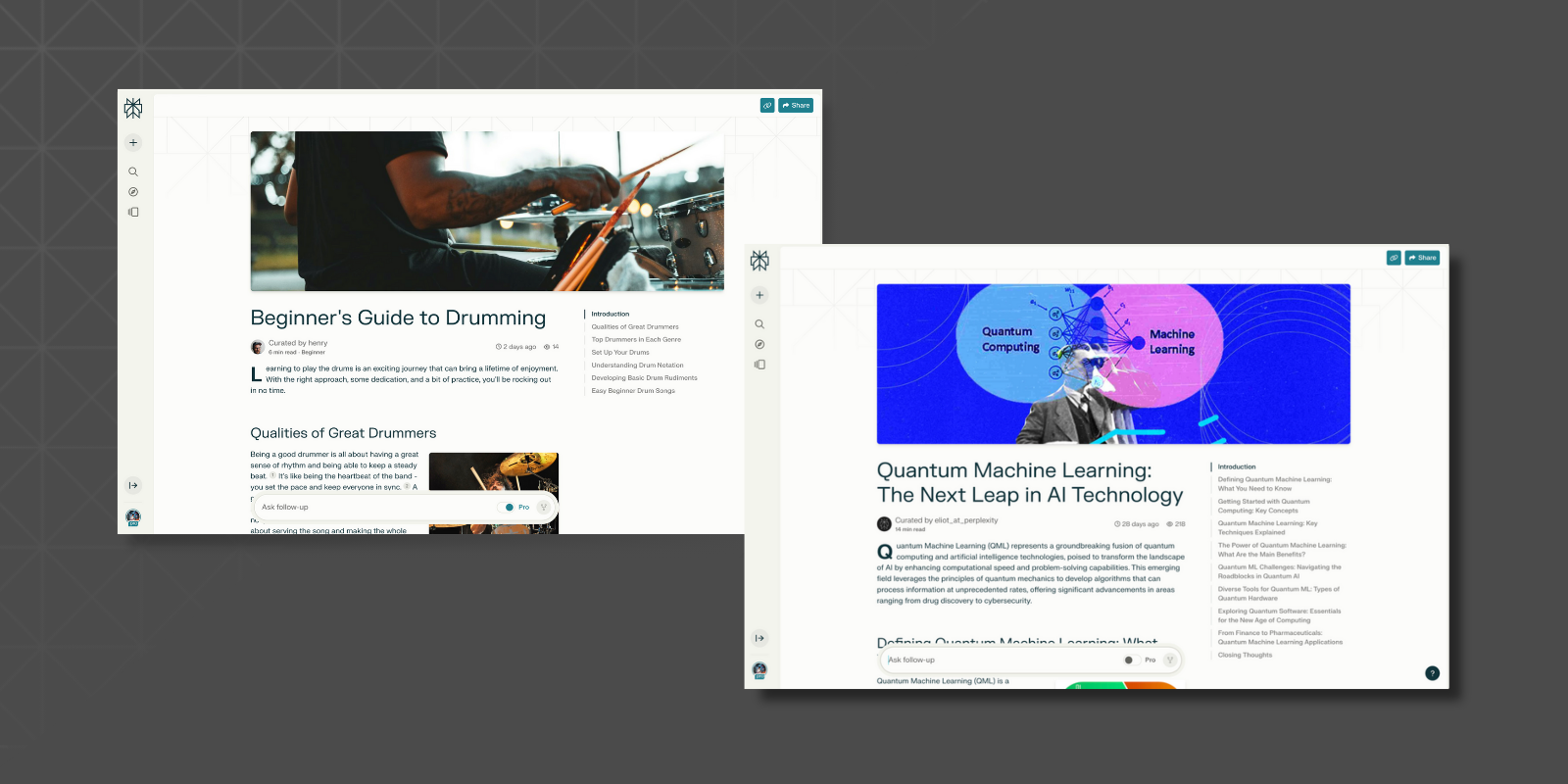 Two side-by-side web pages display AI-generated article layouts. The left page features a guide on drumming, with a large photo of a drummer and structured headings. The right page discusses quantum machine learning, with a colourful header image showing a person with abstract tech visuals and terms like "Quantum Computing" and "Machine Learning."