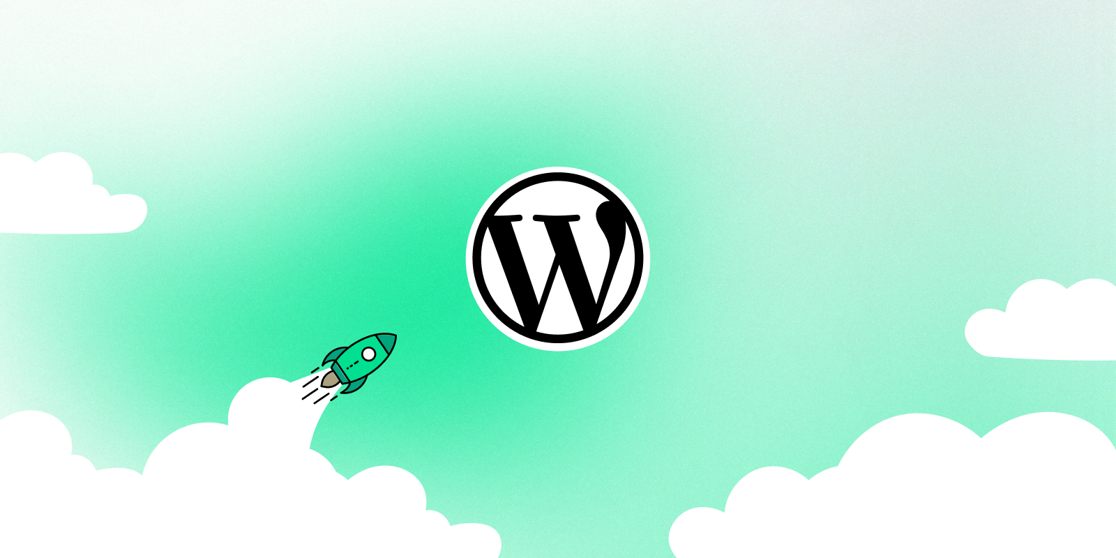Illustration of a rocket launching through clouds toward a large WordPress logo in the sky, set against a green gradient background—symbolizing growth, innovation, or a powerful launch with WordPress.