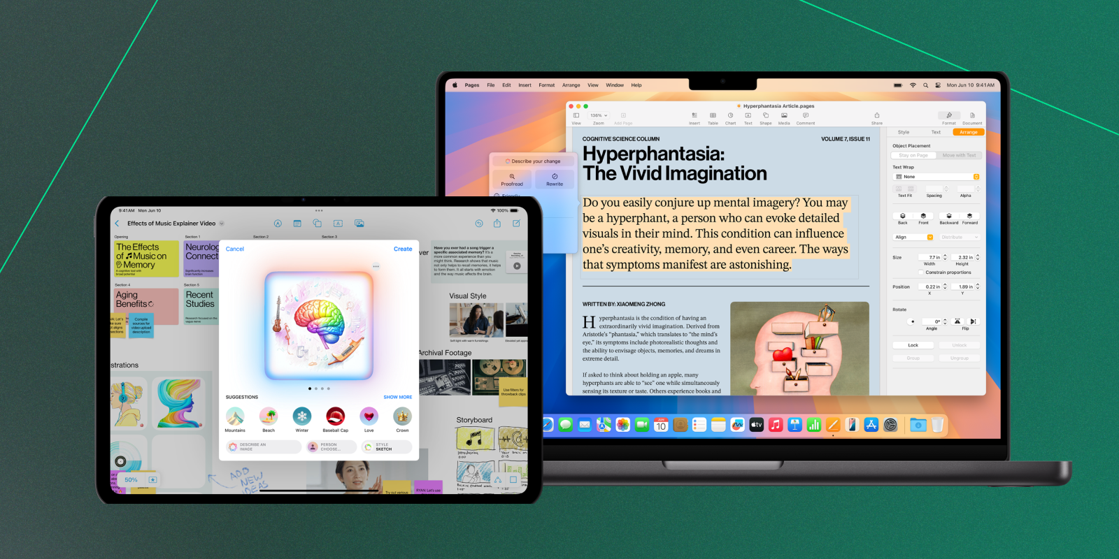 A MacBook and iPad display Apple’s Pages and an educational interface about the effects of music on the brain. The iPad shows an AI-generated illustration of a brain surrounded by musical instruments, while the MacBook screen features a Pages document titled “Hyperphantasia: The Vivid Imagination” with highlighted text and formatting tools.
