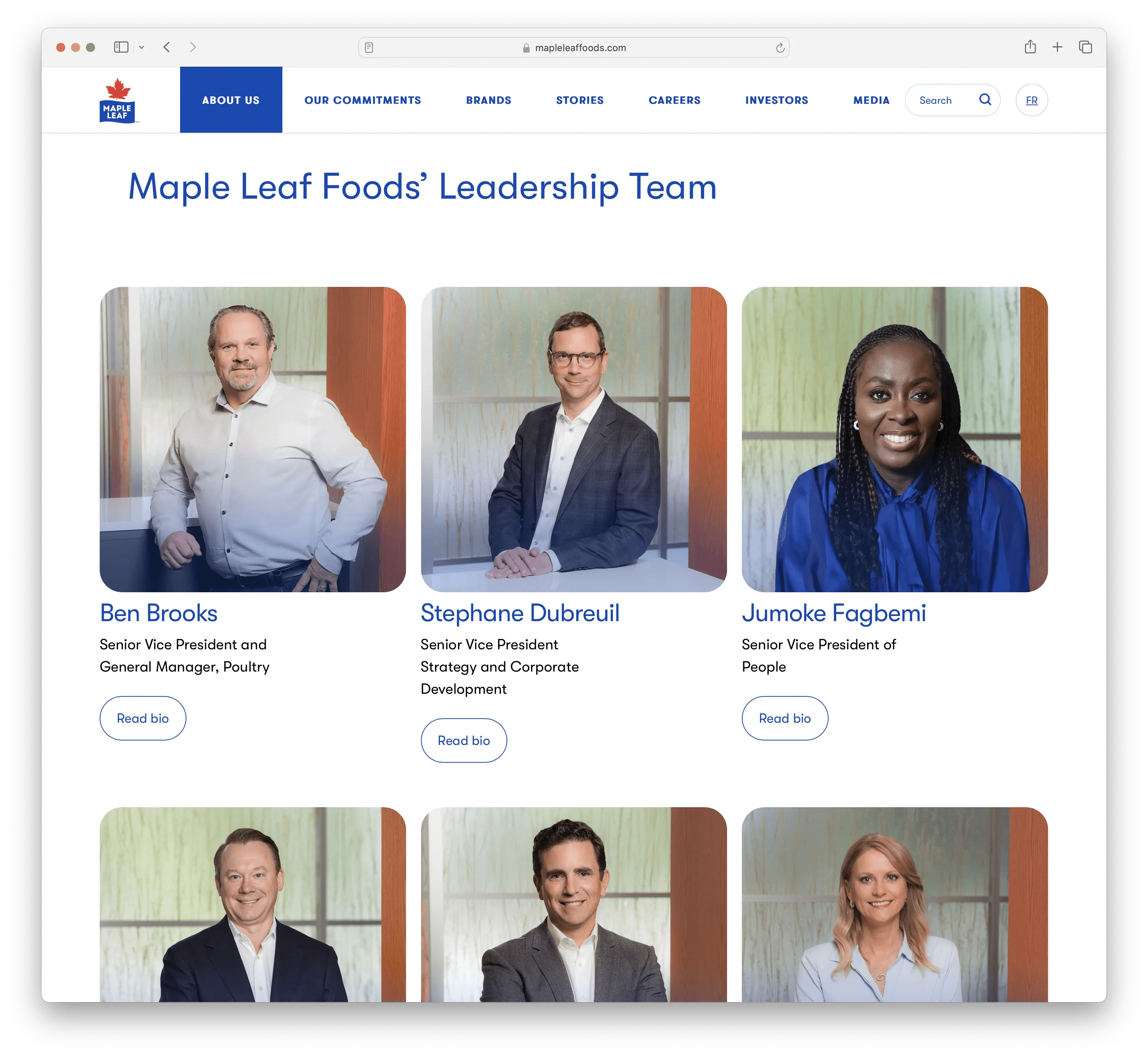 The “Maple Leaf Foods’ Leadership Team” page showing professional photos and titles of executives including Ben Brooks, Stephane Dubreuil, and Jumoke Fagbemi.