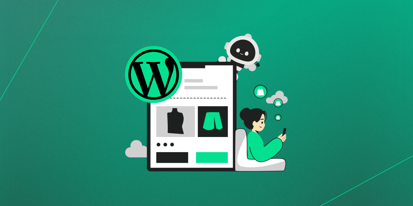Illustration showing a stylized WordPress interface with a shopping layout, a person using a phone, and a small robot character hovering above the interface. The WordPress logo is prominently displayed in front of the interface. The background is a green gradient with subtle cloud and icon elements, suggesting online shopping or eCommerce.