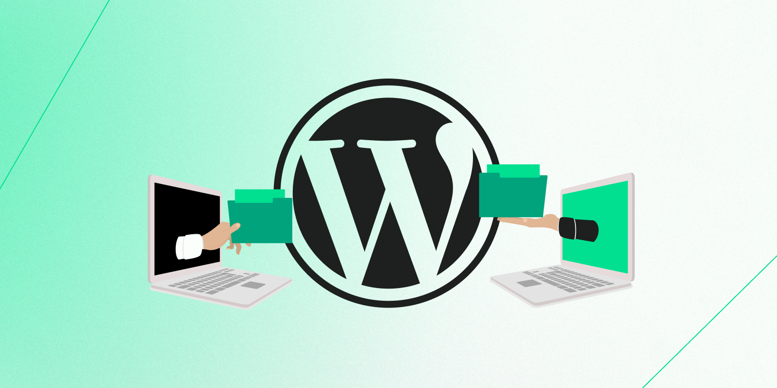 Illustration of two laptops facing each other with hands extending from their screens, each holding a green folder. In the centre, a large WordPress logo symbolizes the transfer or sharing of content or data between systems or users via WordPress. The background features a soft green gradient with diagonal lines.